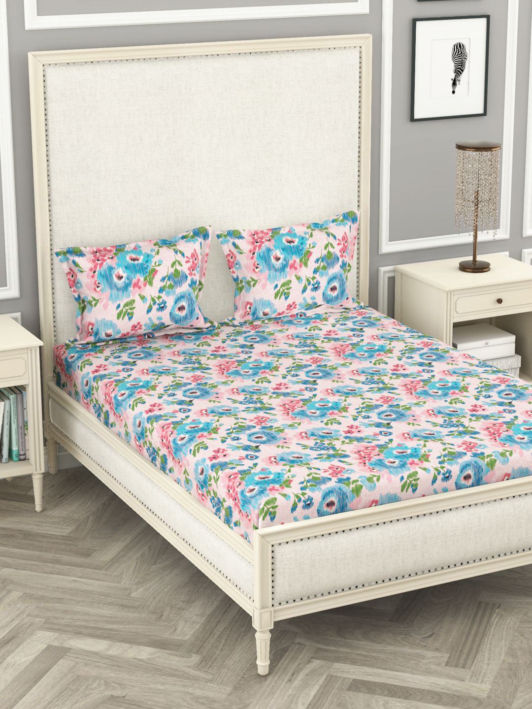 

BIANCA Blue Floral 110 TC 1 Queen Bedsheet with 2 Pillow Cover