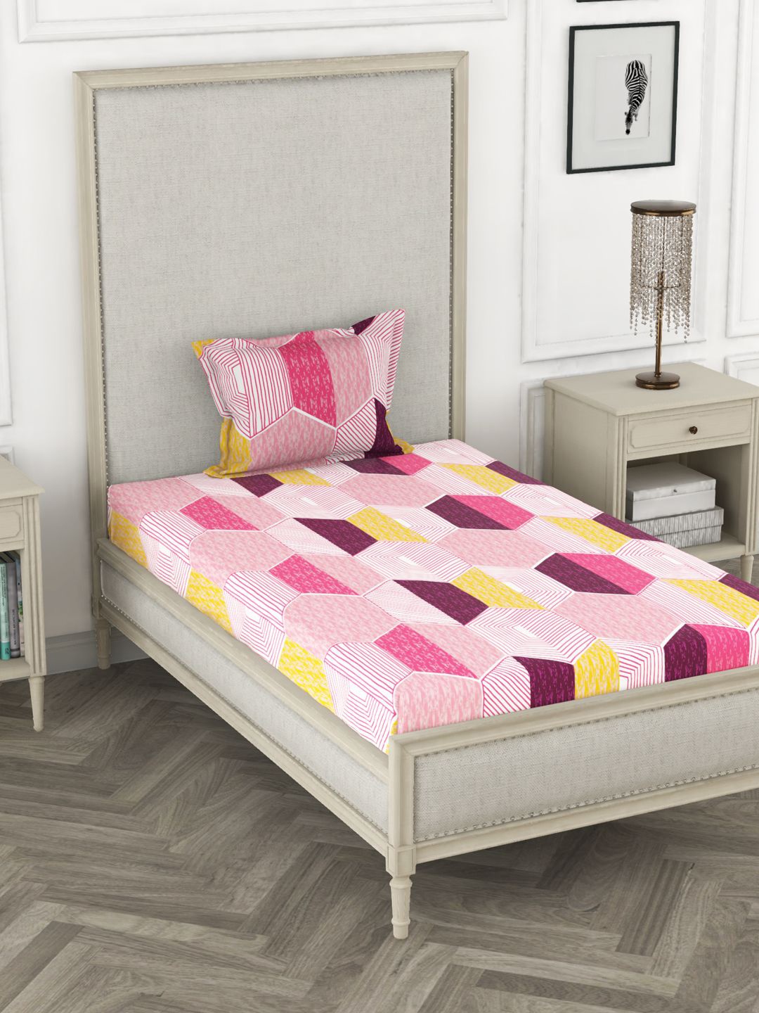 

BIANCA Pink & Yellow Geometric 110 TC Pure Cotton Single Bedsheet with 1 Pillow Cover