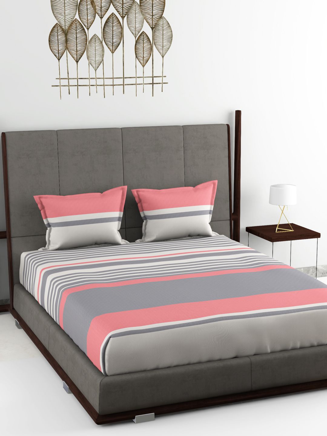 

BIANCA Grey & Peach-Coloured Striped 180 TC King Bedsheet with 2 Pillow Covers