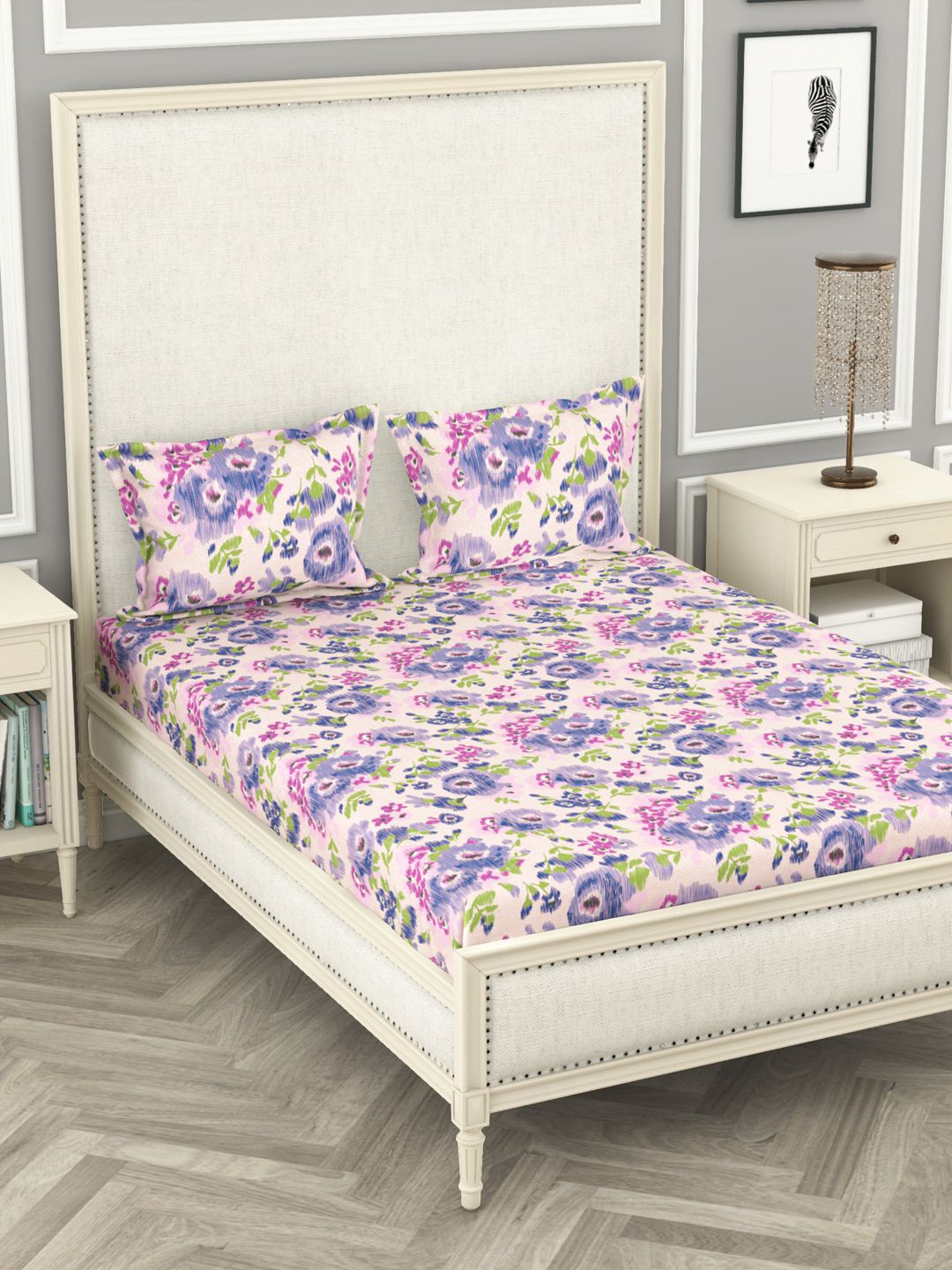 

BIANCA Pink & Purple Floral 110 TC Pure Cotton Queen Bedsheet with 2 Pillow Covers