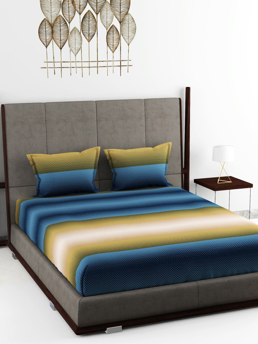 

BIANCA Blue & Mustard 180 TC King Bedsheet with 2 Pillow Covers
