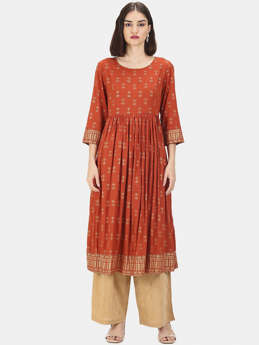 

Anahi Women Orange Geometric Printed Anarkali Kurta