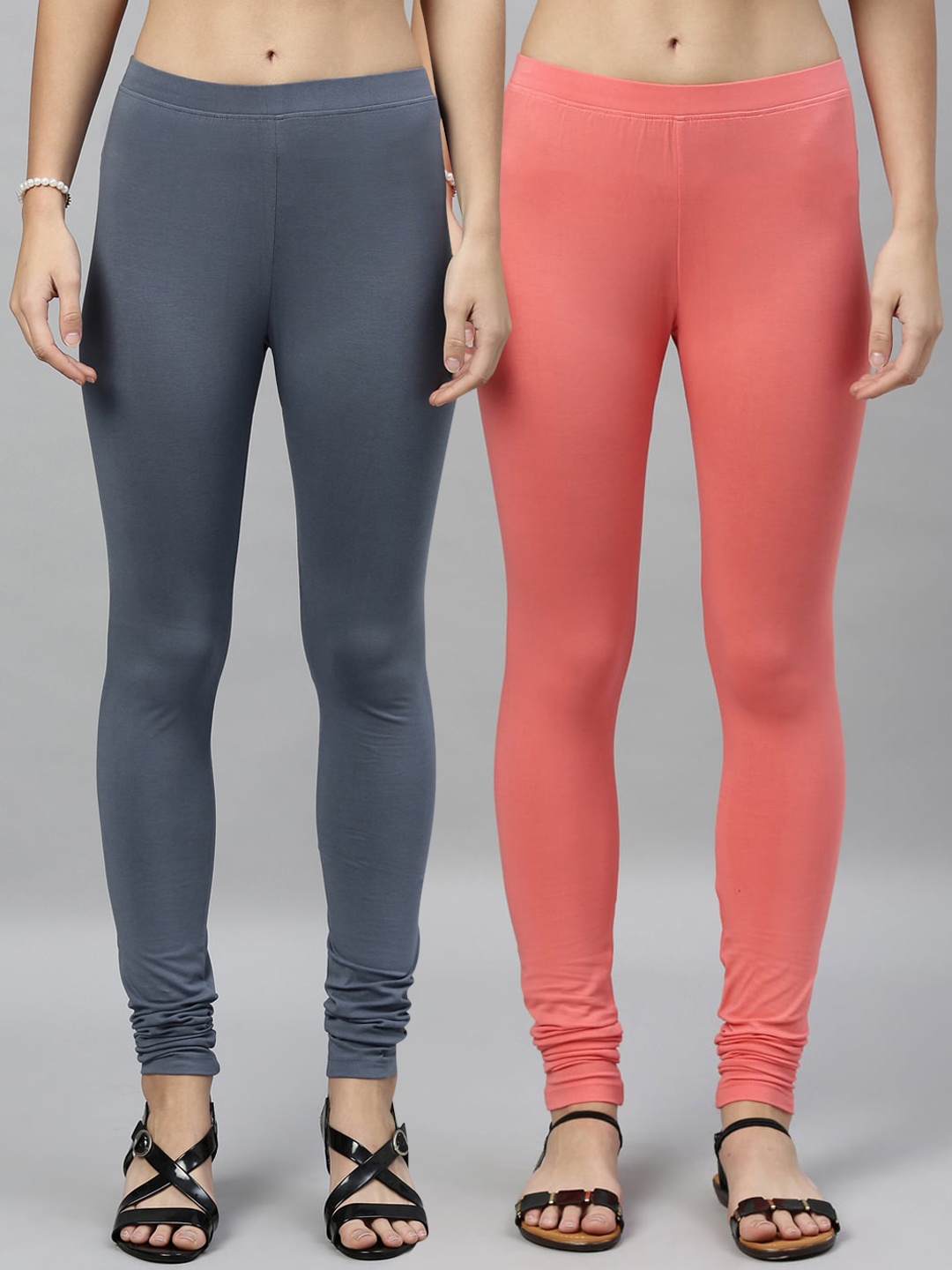 

Kryptic Women Pack of 2 Solid Churidar Length Leggings, Coral