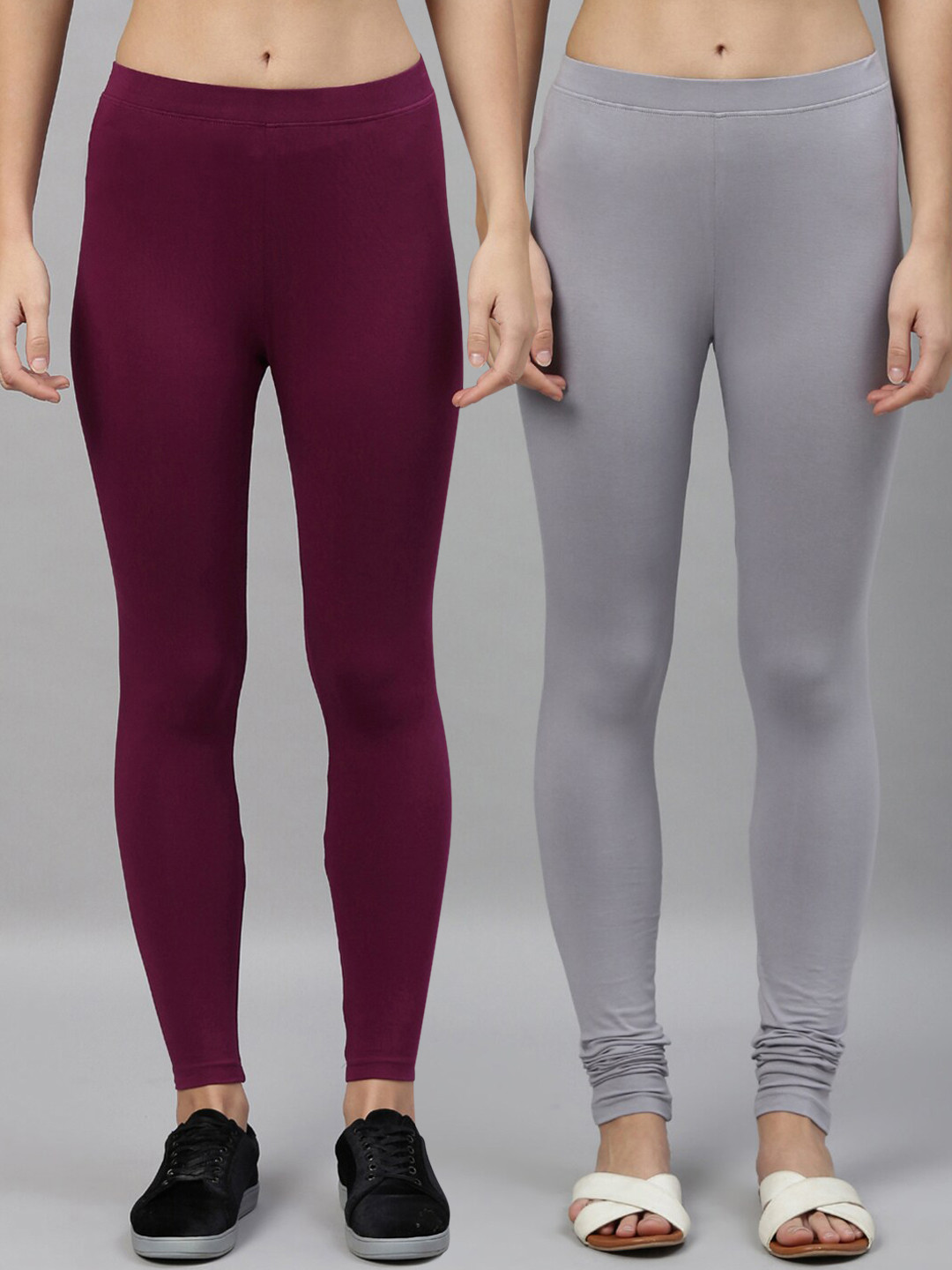 

Kryptic Women Pack of 2 Grey & Purple Solid Churidar-Length Leggings