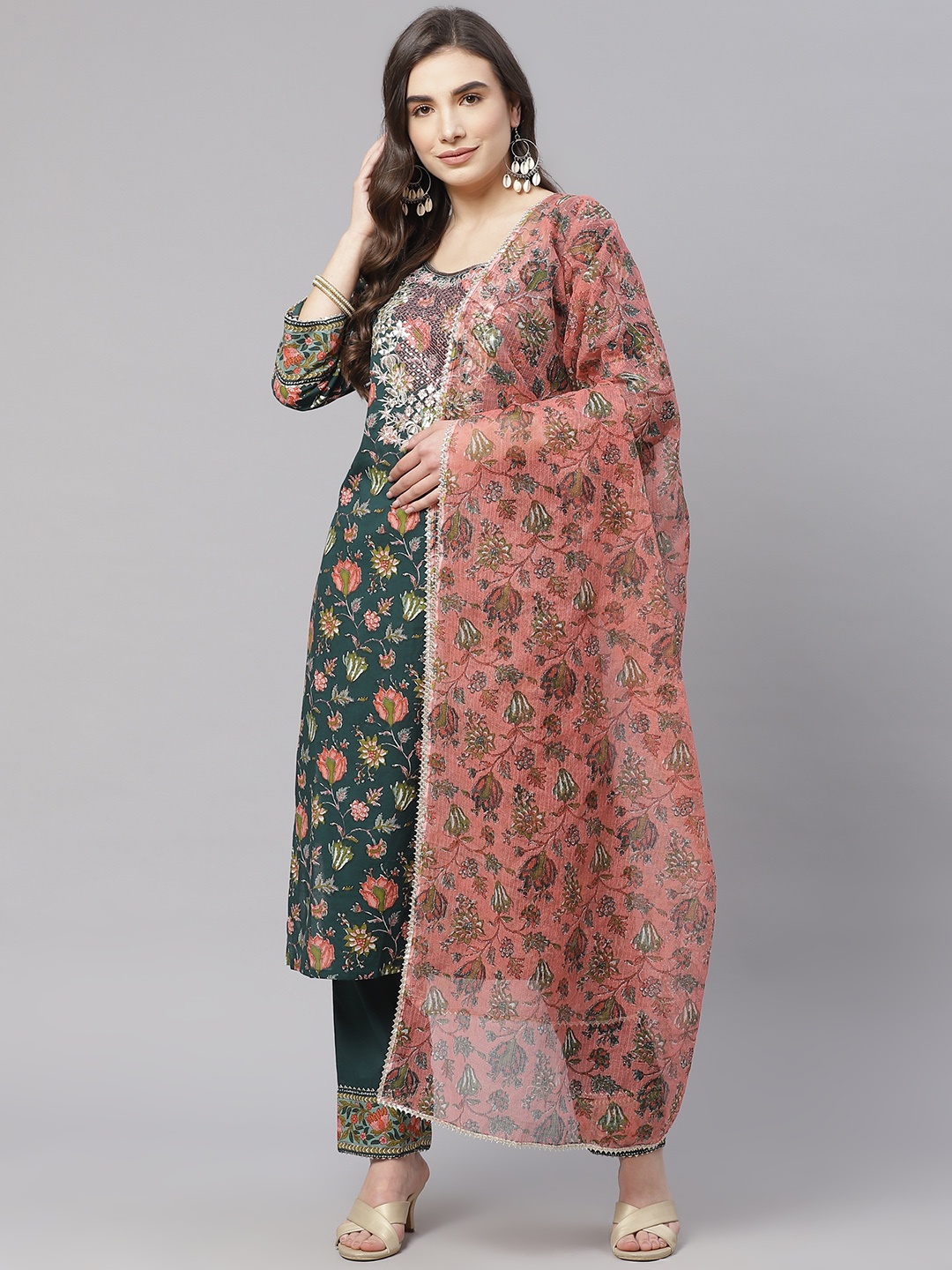 

Divena Women Green Pure Cotton Floral Print Kurta with Trousers & Dupatta
