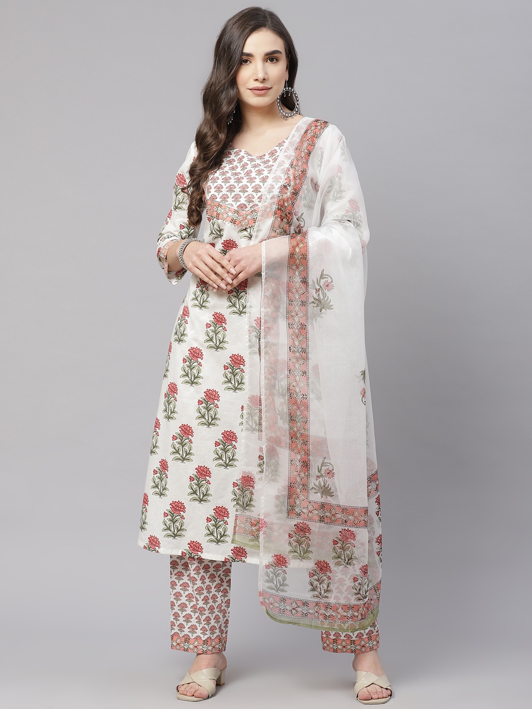 

Divena Women White Pure Cotton Floral Printed Gotta Patti Kurta with Trousers & Dupatta