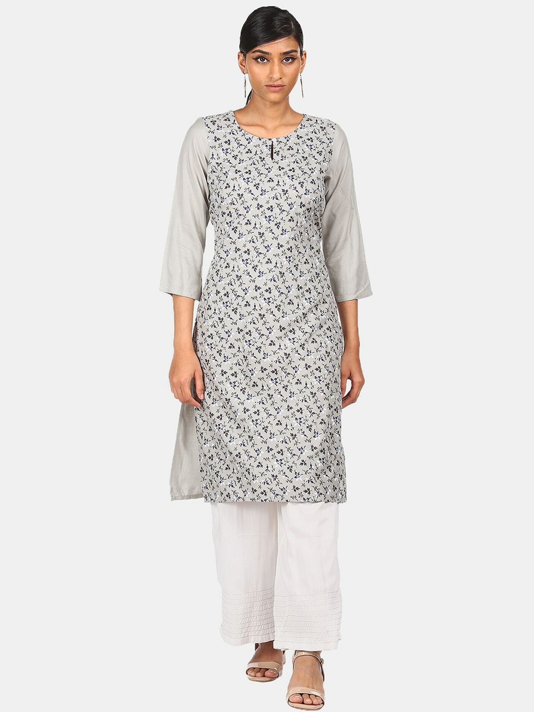 

Karigari Women Grey Floral Thread Work Kurta