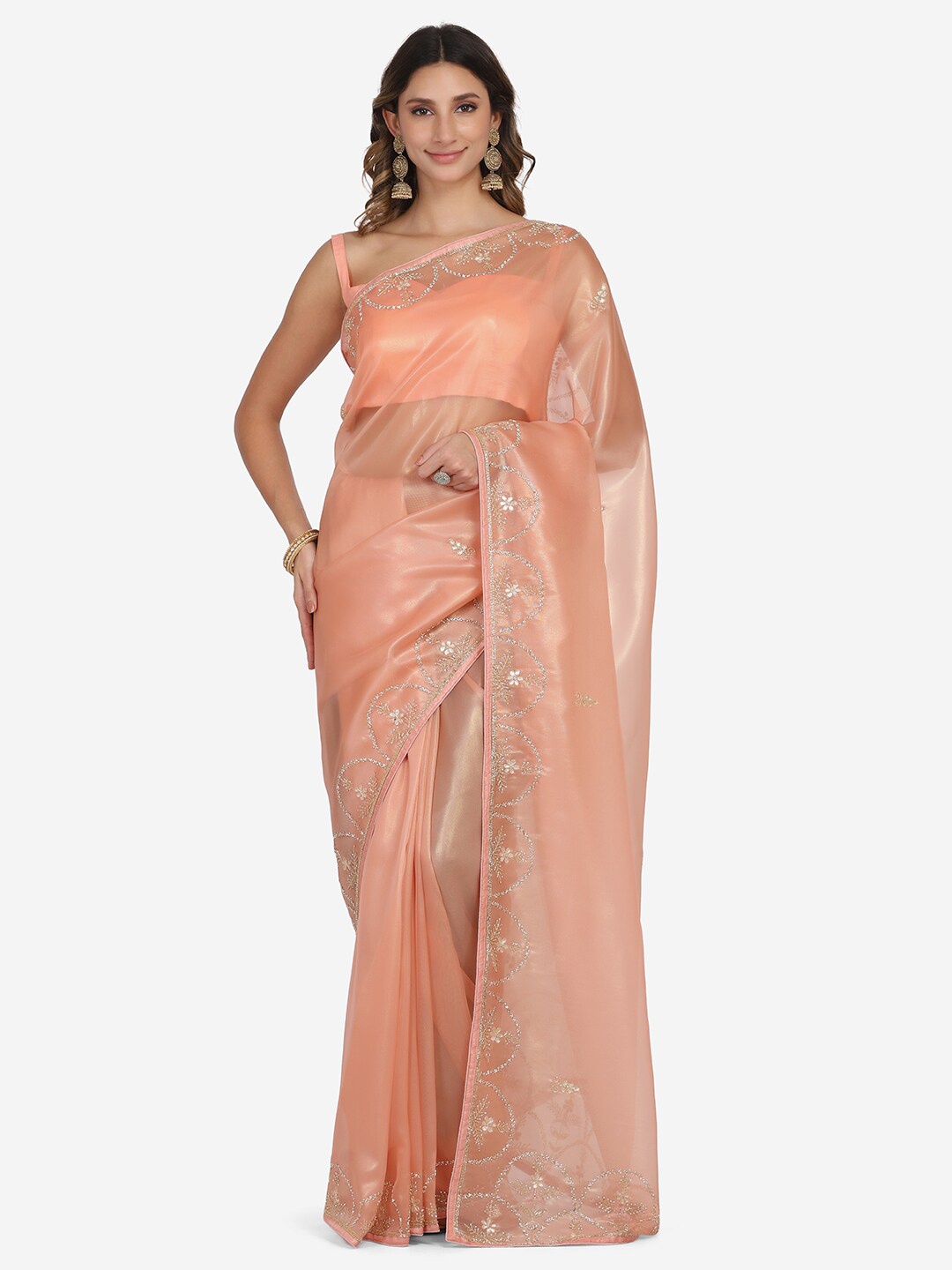 

BOMBAY SELECTIONS Peach-Coloured & Silver-Toned Floral Tissue Banarasi Saree