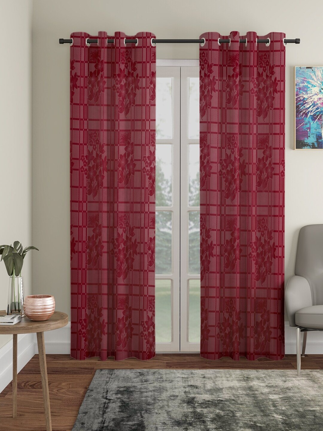 HOSTA HOMES Maroon Set of 2 Floral Door Curtain
