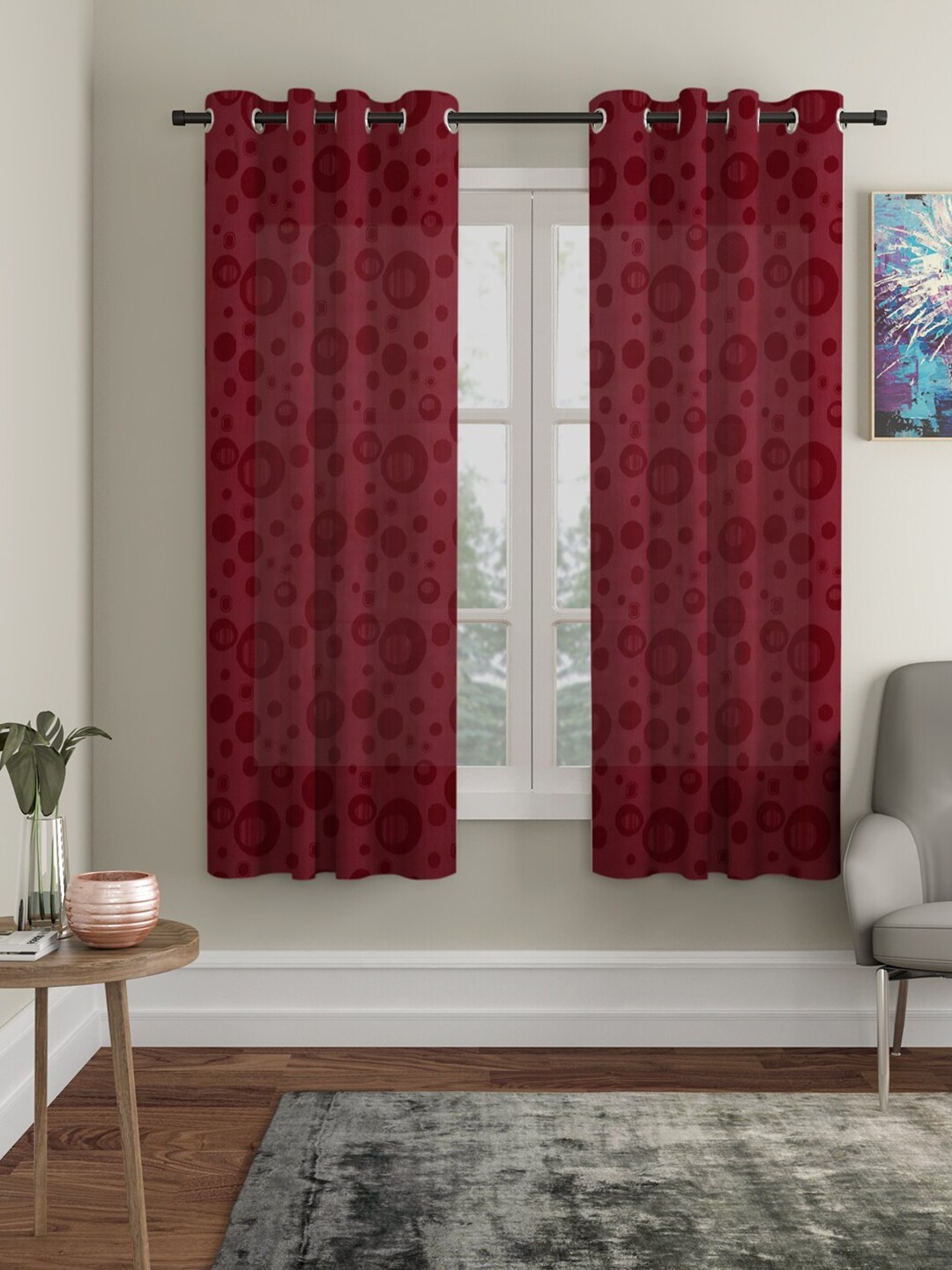 

HOSTA HOMES Maroon Set of 2 Geometric Window Curtain