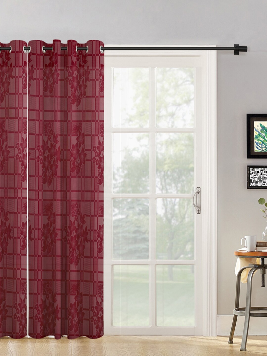 

HOSTA HOMES Maroon Floral Sheer Long Door Curtain