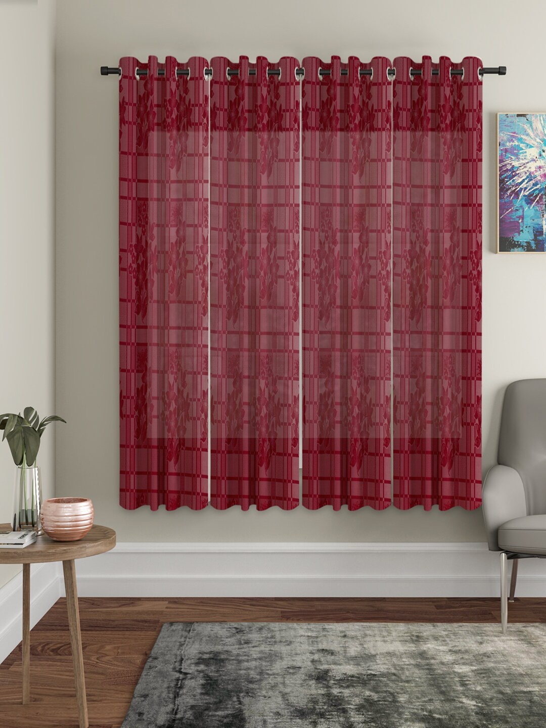 

HOSTA HOMES Maroon Set of 4 Floral Sheer Window Curtains