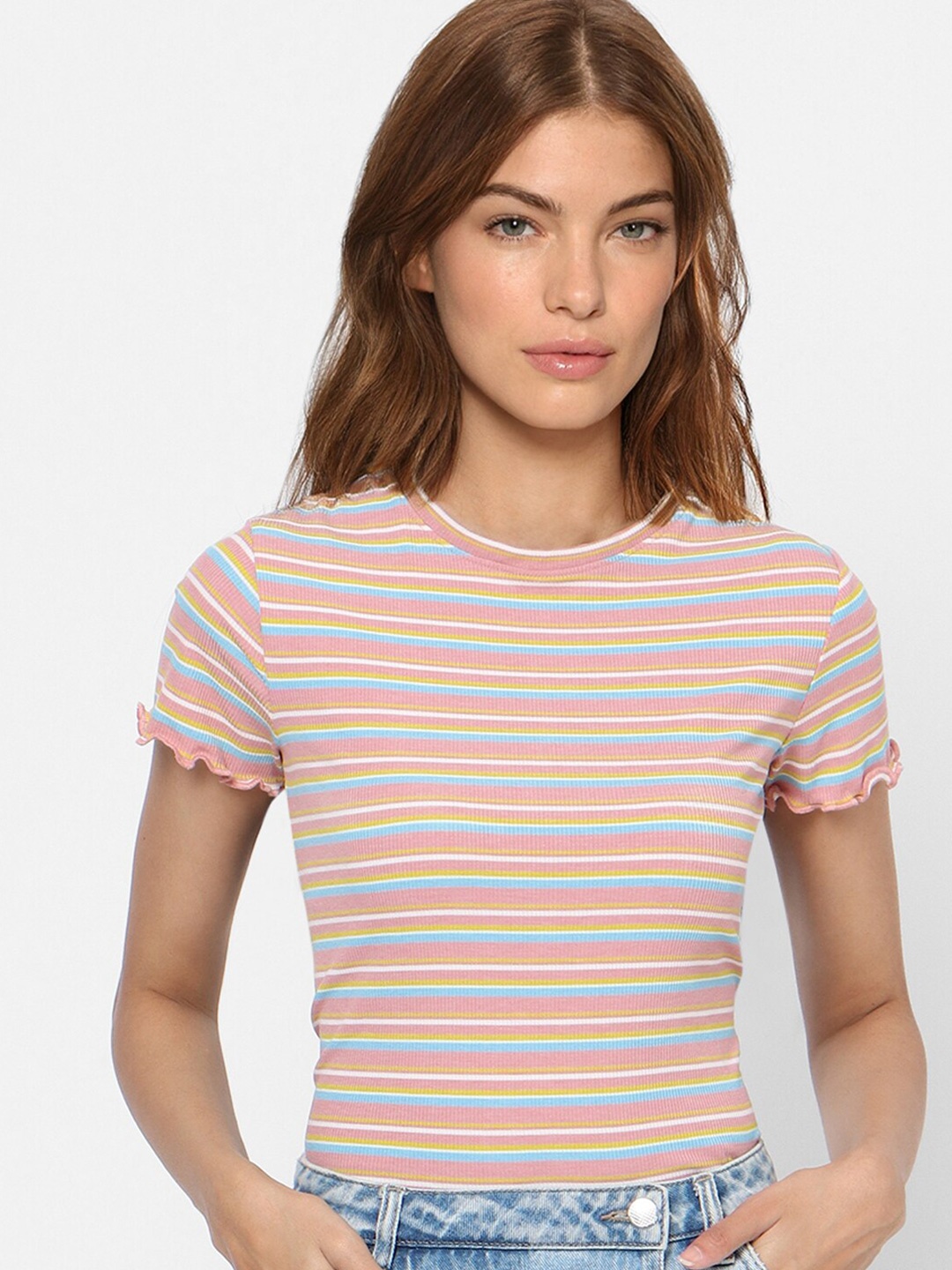 

ONLY Women Pink Striped Crop T-shirt