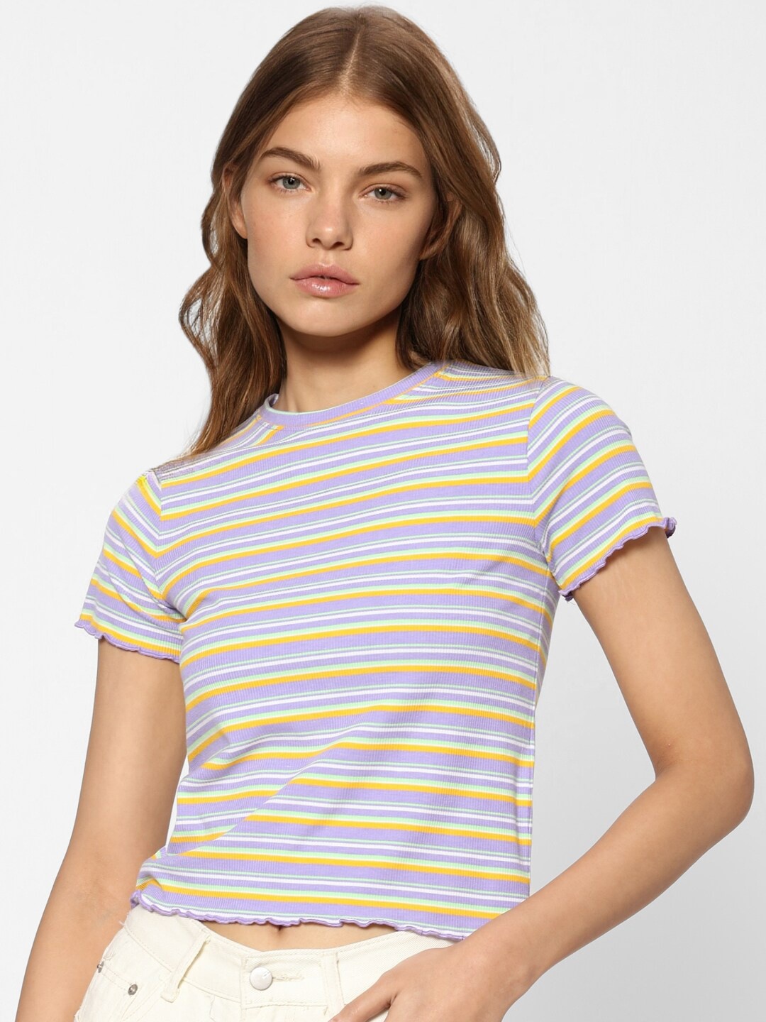 

ONLY Women Purple Striped Crop T-shirt