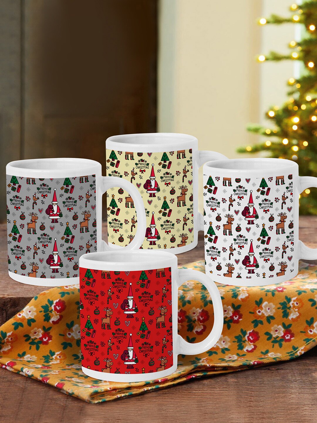 

TIED RIBBONS Set of 4 Multicoloured Christmas Printed Ceramic Coffee Mugs & Cups, Multi