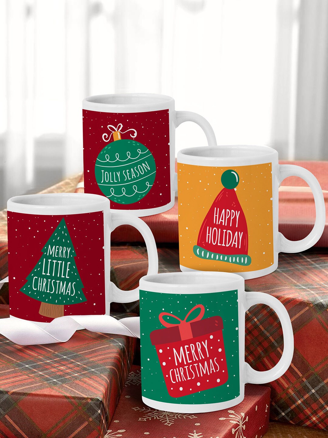 

TIED RIBBONS Pack Of 4 Christmas Printed Coffee Mugs & Cups, Multi