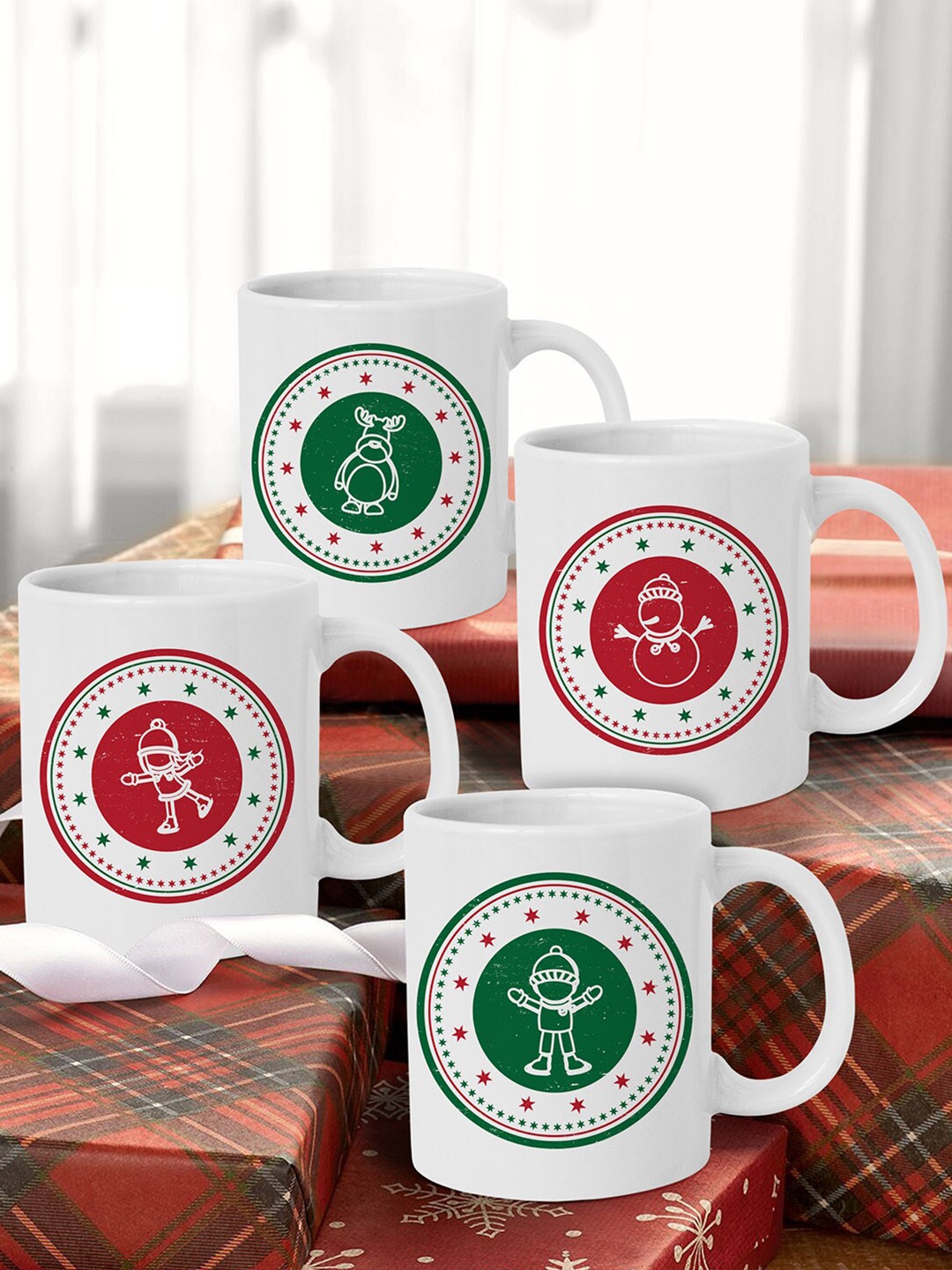 

TIED RIBBONS Set Of 4 White & Red Christmas Printed Ceramic Coffee Cup & Mugs
