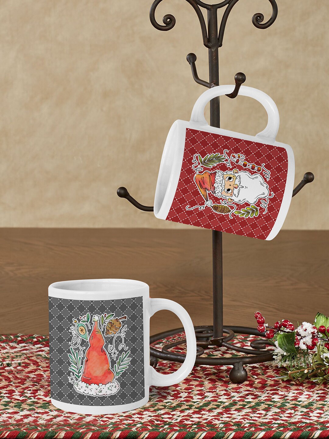 

TIED RIBBONS White & Maroon Set of 2 Christmas Theme Printed Ceramic Matte Cups