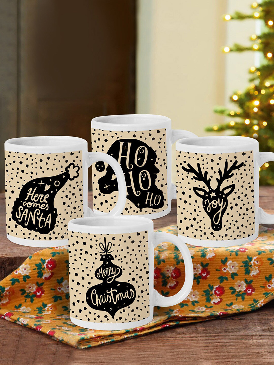 

TIED RIBBONS Set of 4 Beige & Black Christmas Theme Printed Ceramic Matte Cups