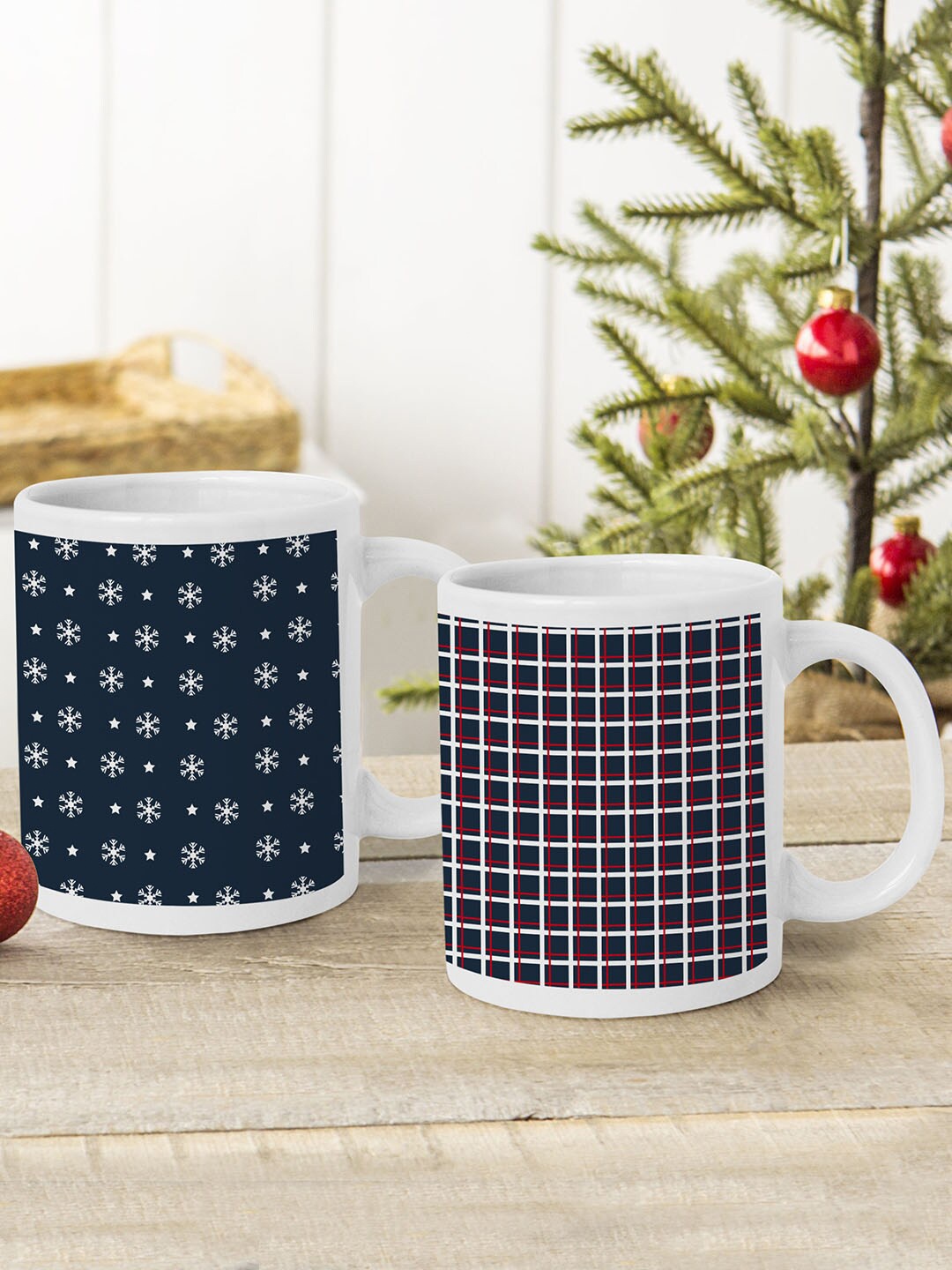 

TIED RIBBONS White & Navy Blue Set of 2 Christmas Coffee Mug Cups