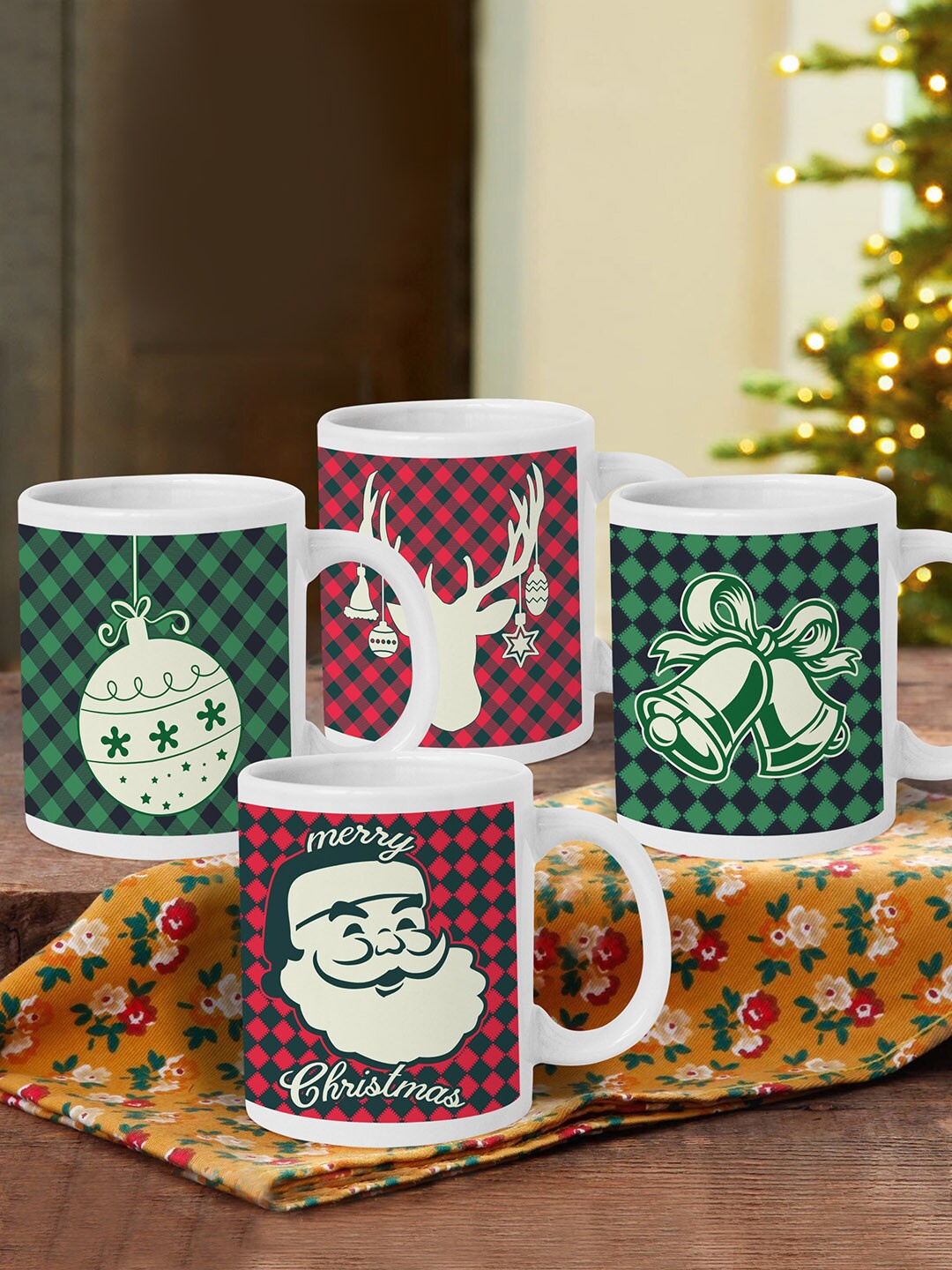 

TIED RIBBONS Set Of 4 Red & Green Christmas Printed Ceramic Matte Mugs