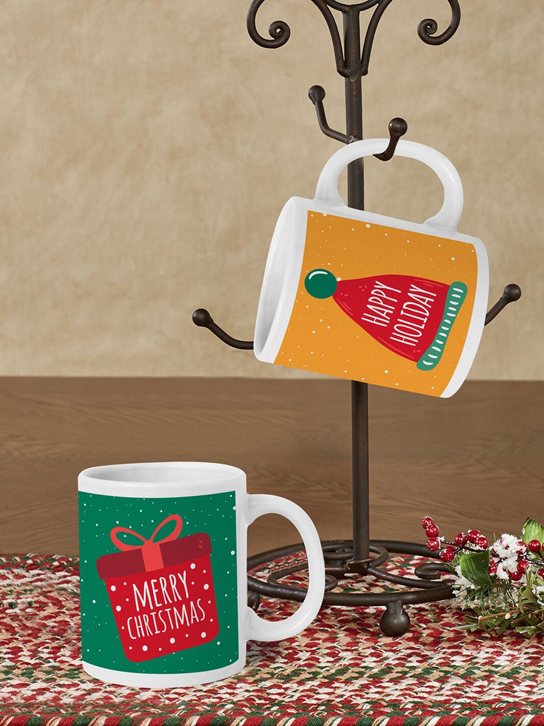 

TIED RIBBONS Set of 2 White & Green Christmas Christmas Coffee Mug Cups