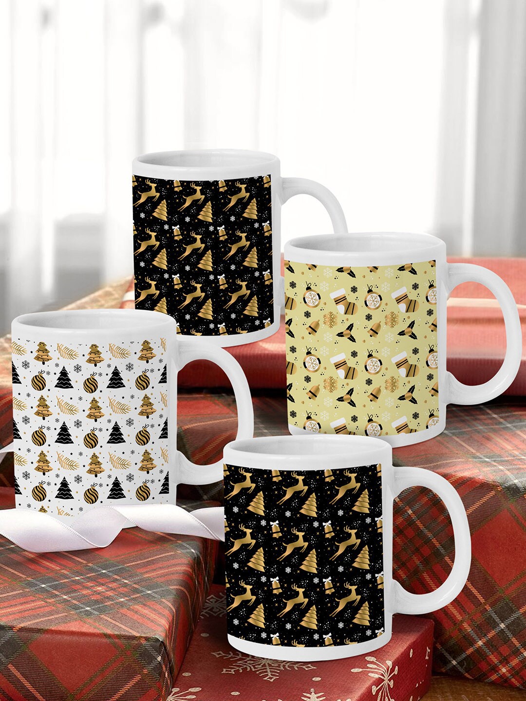 

TIED RIBBONS Set of 4 White & Black Christmas Printed Ceramic Matte Cups