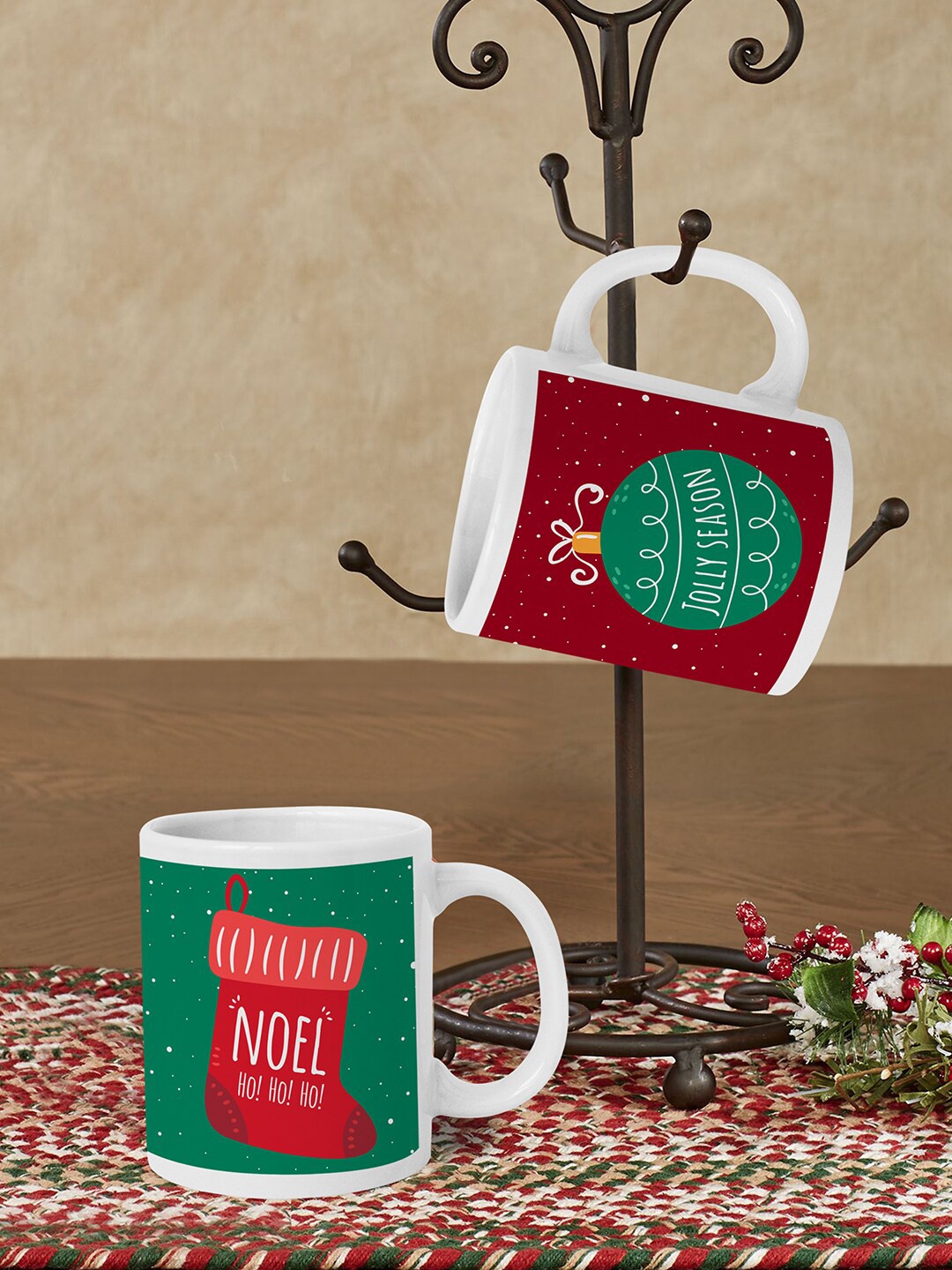 

TIED RIBBONS Set Of 2 White & Green Christmas Theme Printed Ceramic Matte Cups