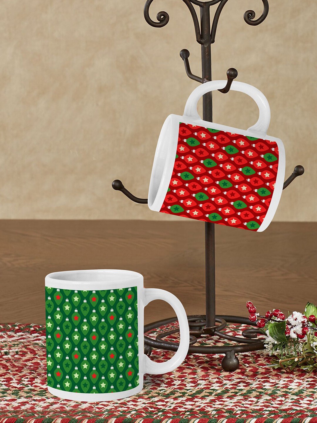 

TIED RIBBONS Set Of 2 Red & Green Christmas Printed Ceramic Matte Mugs