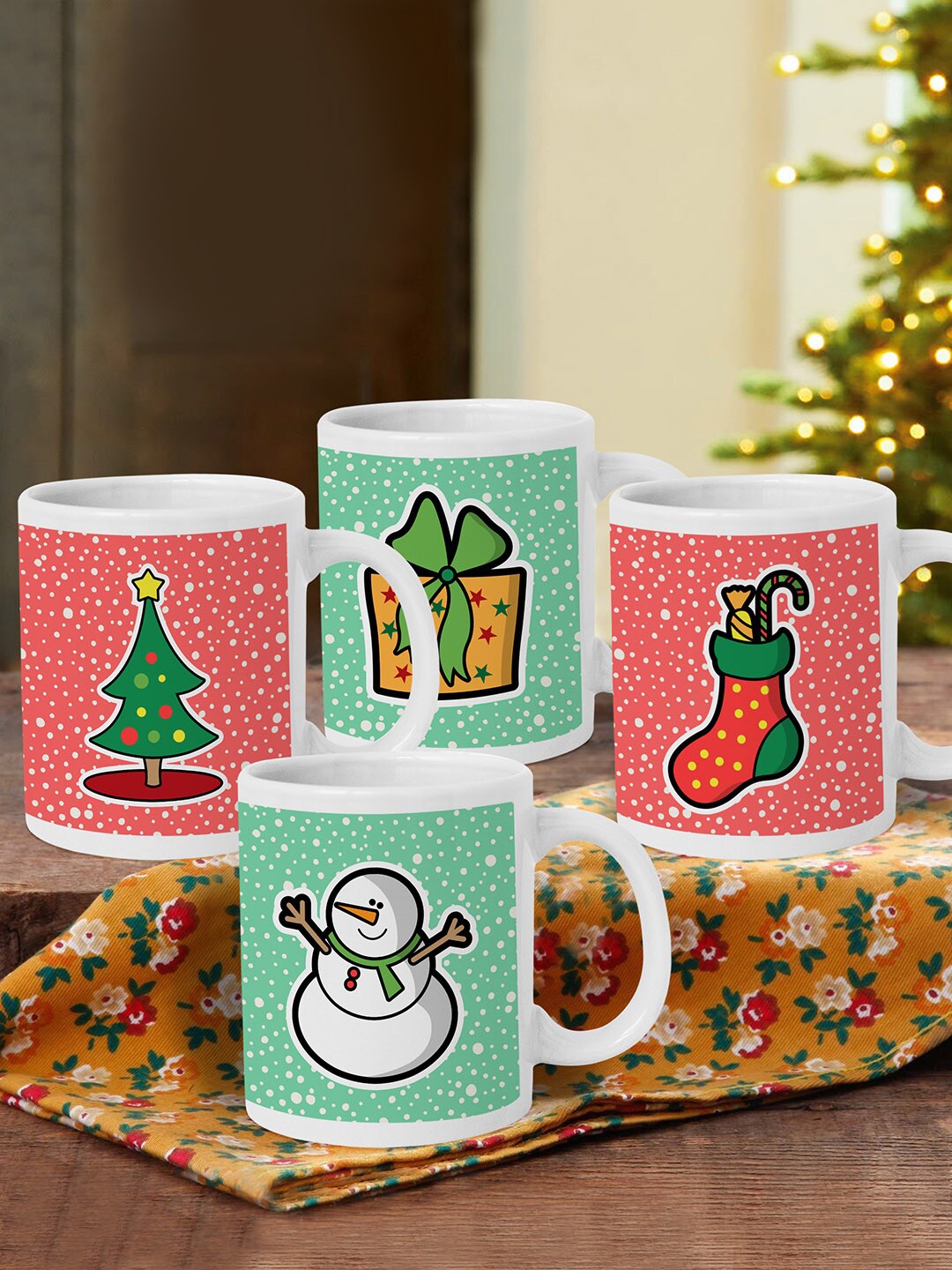 

TIED RIBBONS Pack Of 4 Printed Christmas Coffee Mugs, Multi