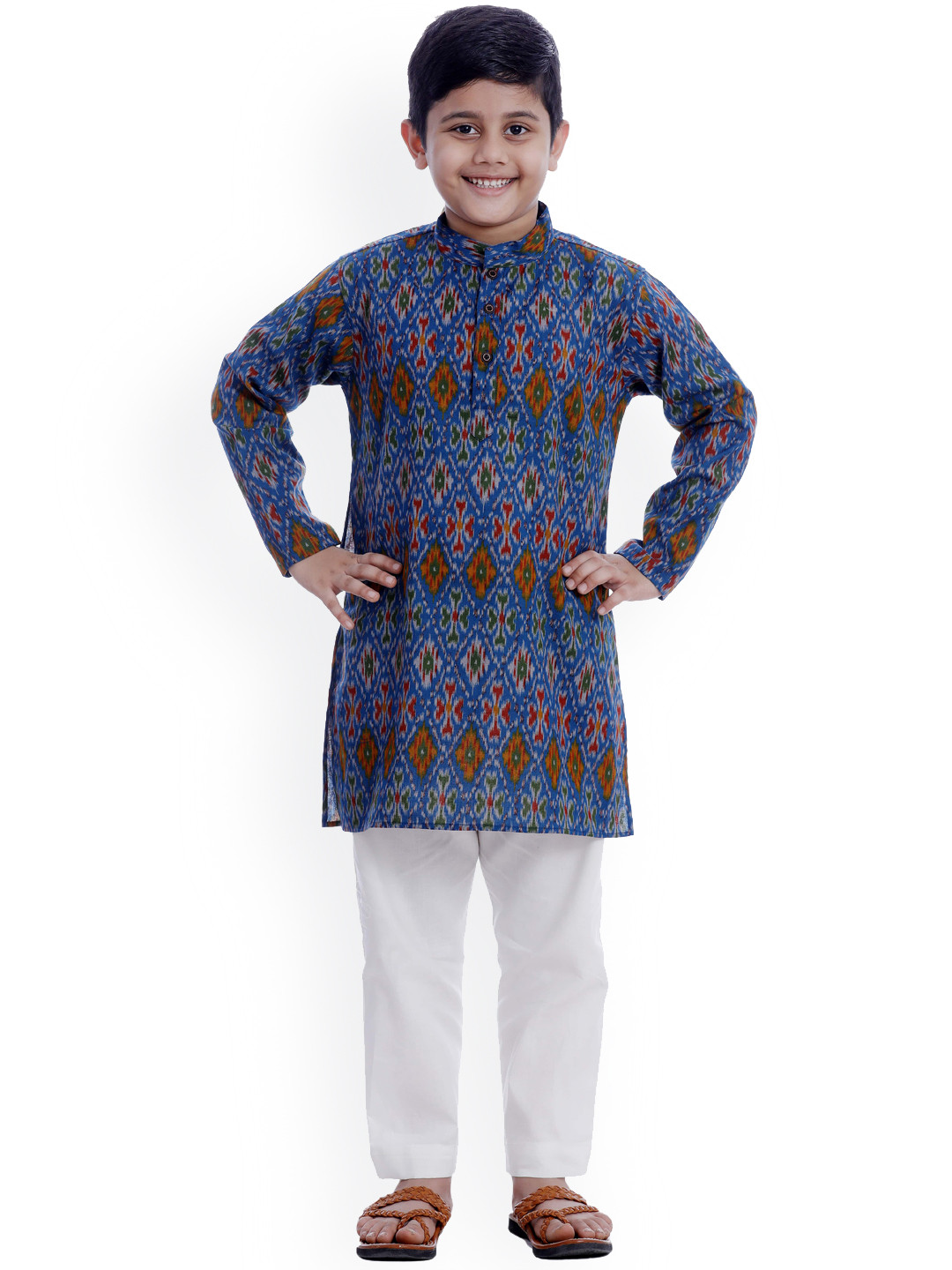 

SOULFULLY INDIAN Boys Blue Floral Printed Pure Cotton Kurta with Palazzos & With Dupatta