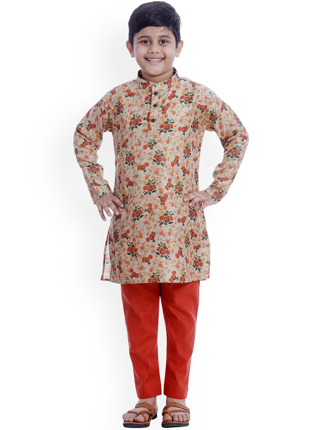 

SOULFULLY INDIAN Boys Cream-Coloured & Maroon Floral Pure Cotton Kurta With Trousers