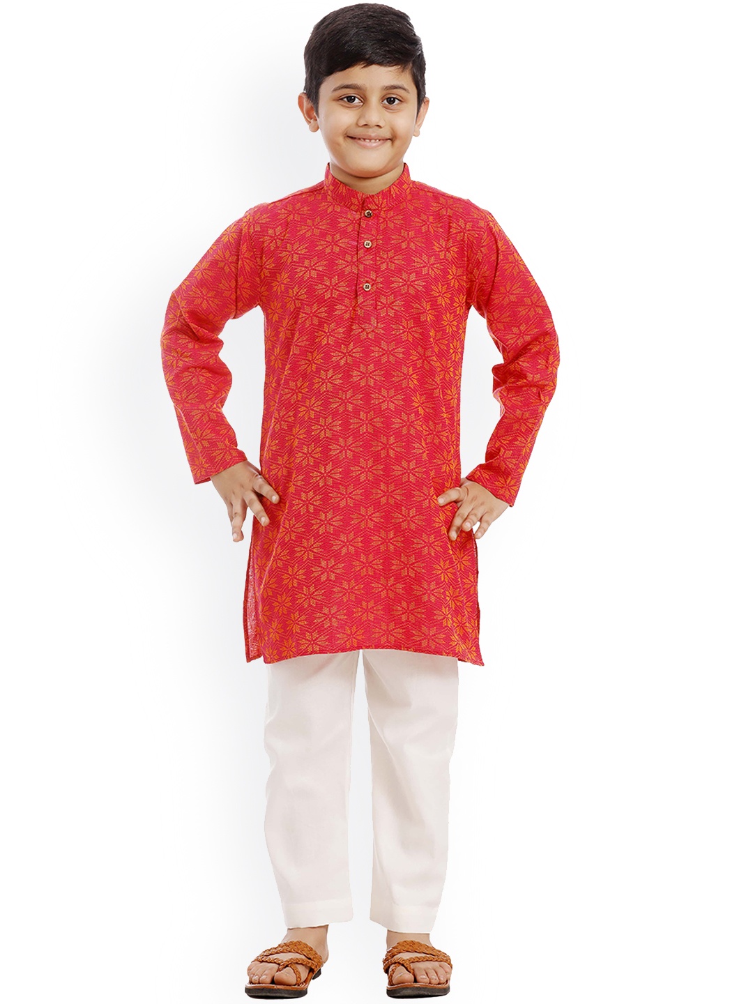 

SOULFULLY INDIAN Boys Orange & White Pure Cotton Kurta with Pyjamas