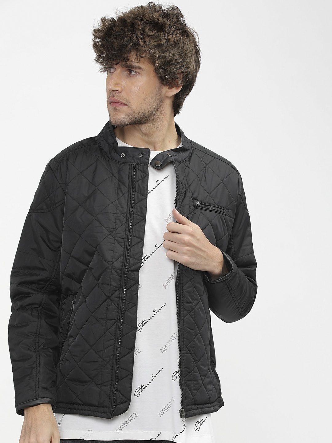 

HIGHLANDER Men Navy Blue Geometric Quilted Jacket
