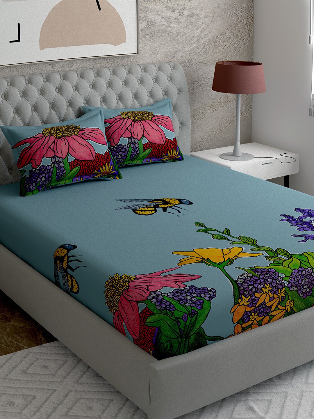 

EverHOME Blue & Yellow Floral 210 TC 1 King Bedsheet with 2 Pillow Cover