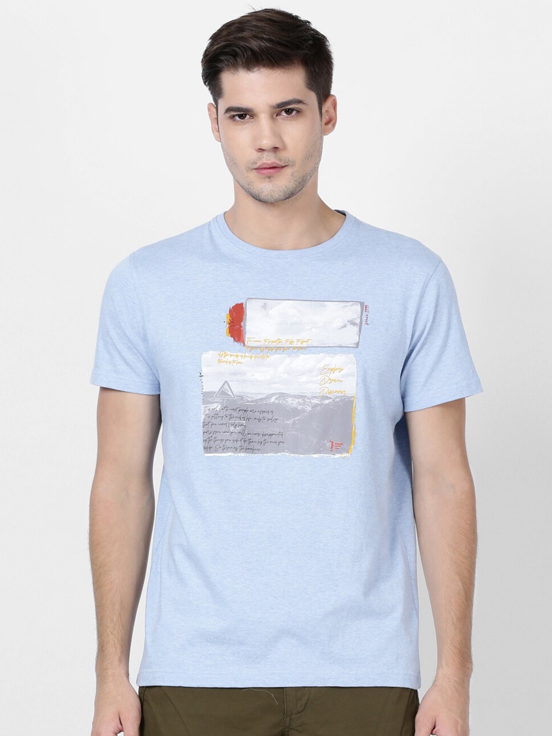 

t-base Men Blue Printed Raw Edge T-shirt