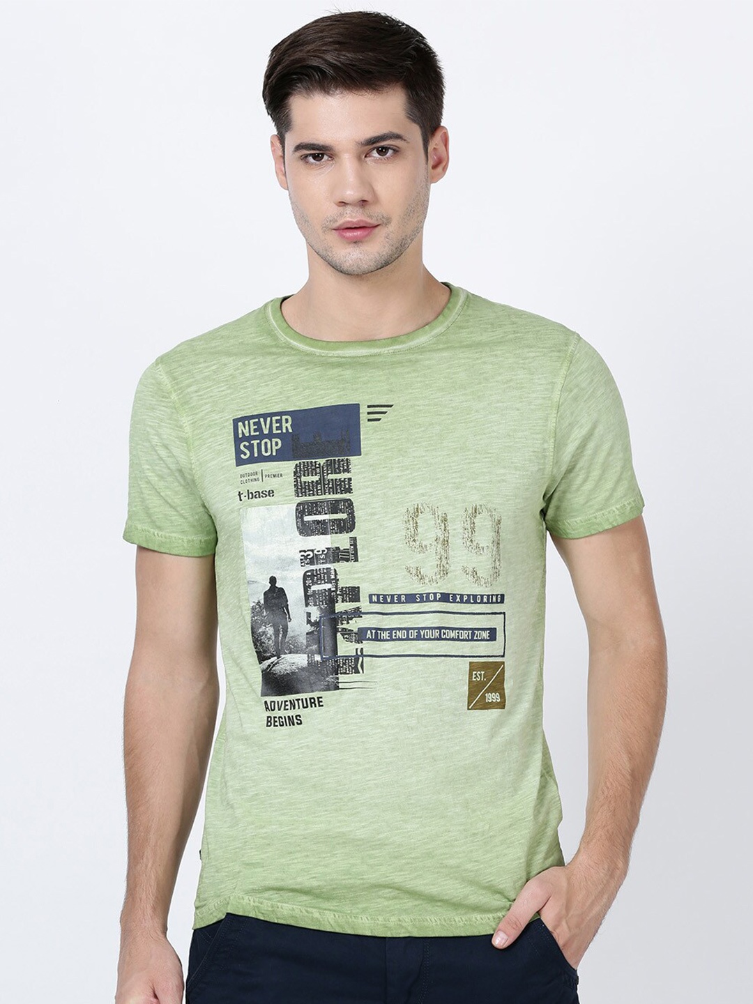 

t-base Men Green Typography Printed Cotton T-shirt