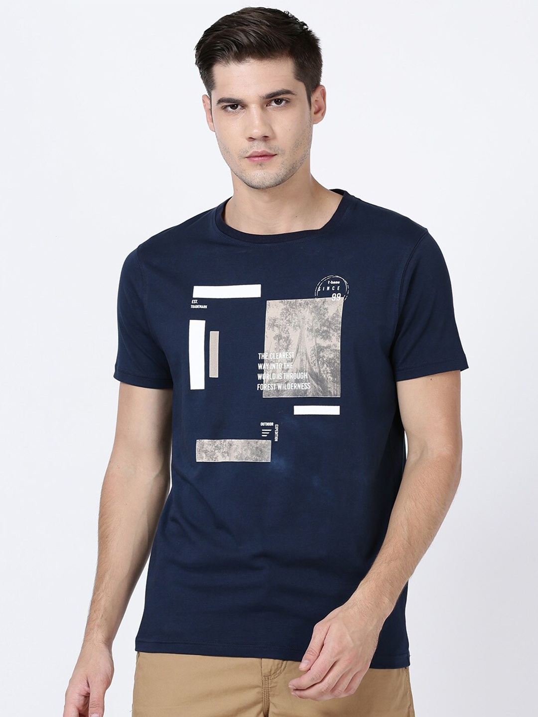 

t-base Men Navy Blue Typography Printed Slim Fit T-shirt