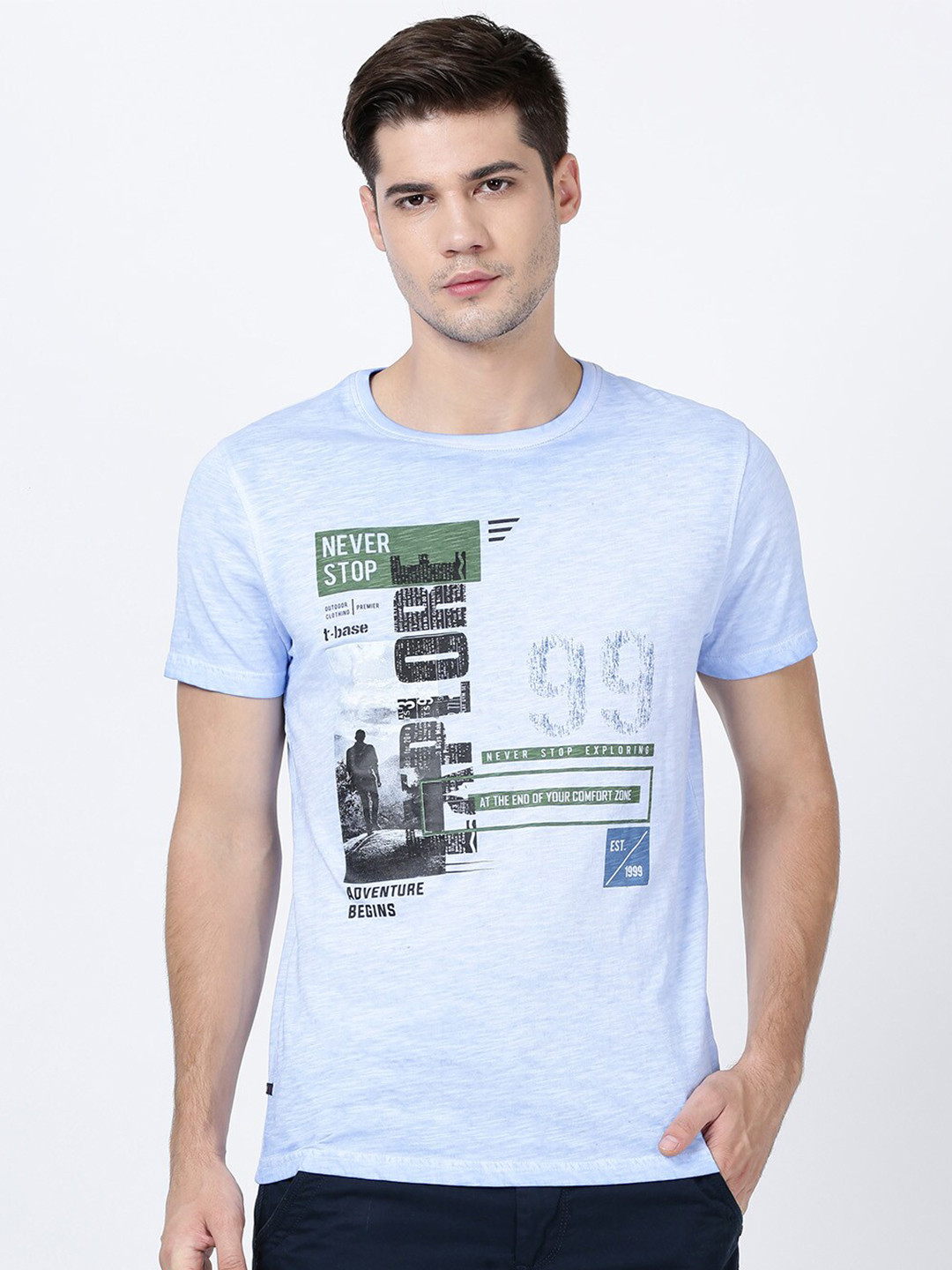 

t-base Men Blue & Green Printed Round Neck Cotton T-shirt