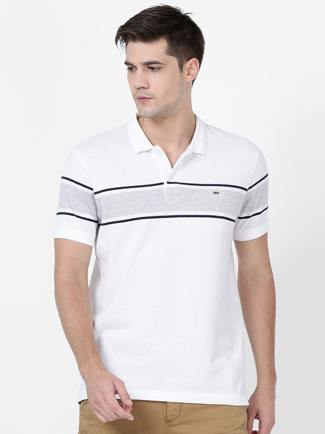 

t-base Men White & Blue Striped Polo Collar T-shirt