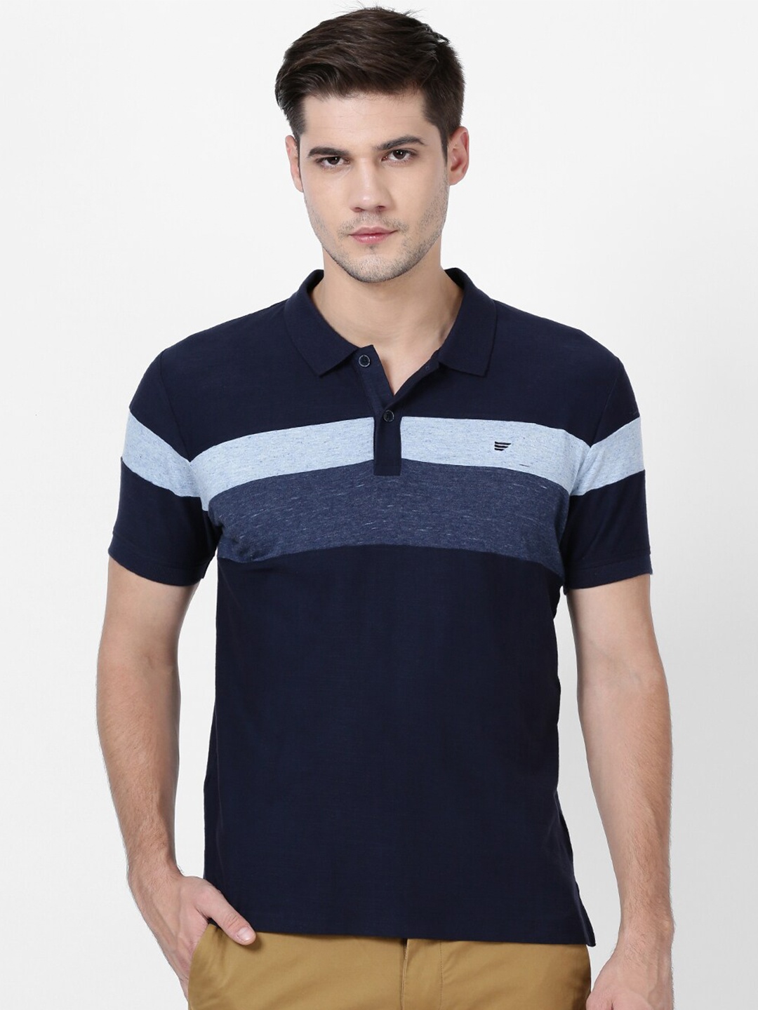 

t-base Men Blue Striped Polo Collar Slim Fit Cotton T-shirt