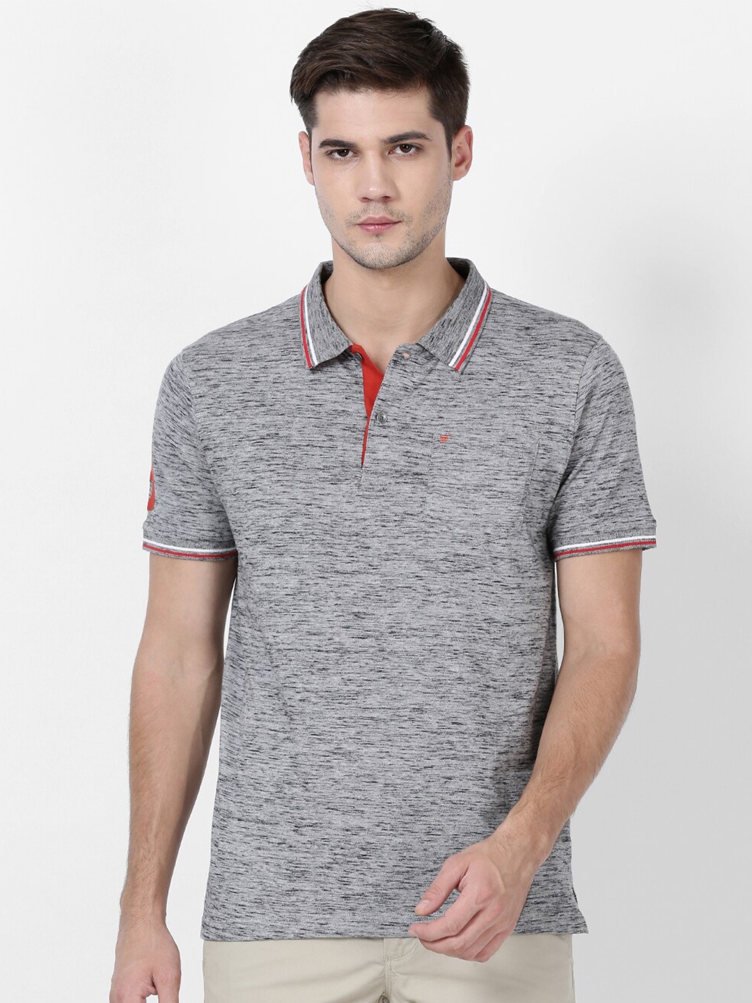 

t-base Men Grey Polo Collar Pockets T-shirt