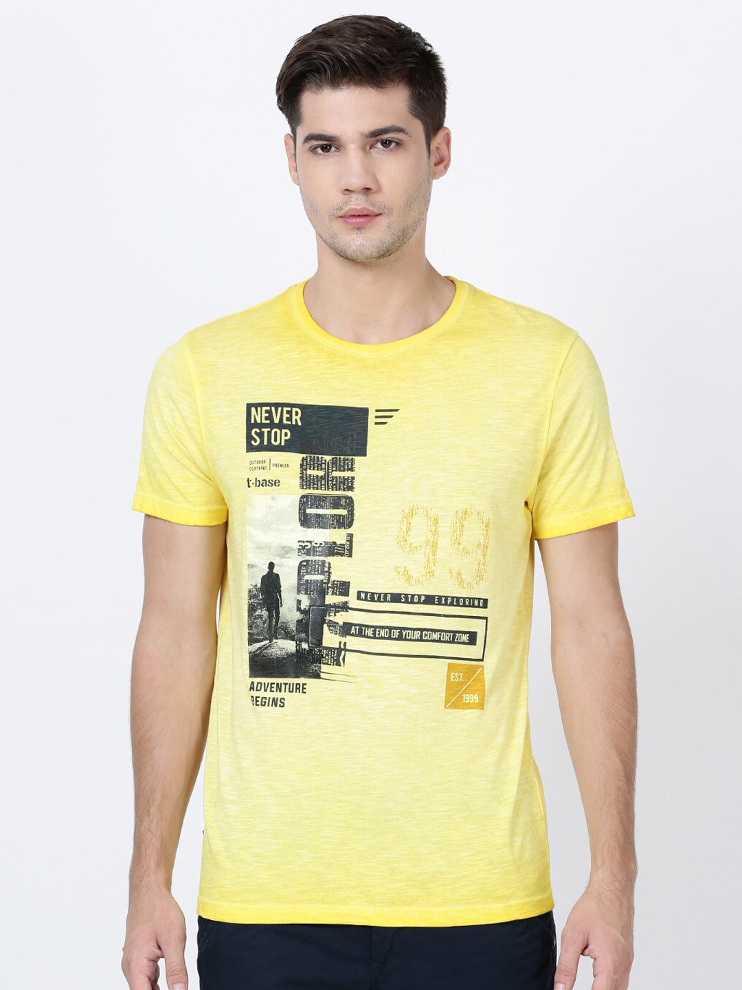 

t-base Men Yellow Typography Printed Cotton T-shirt