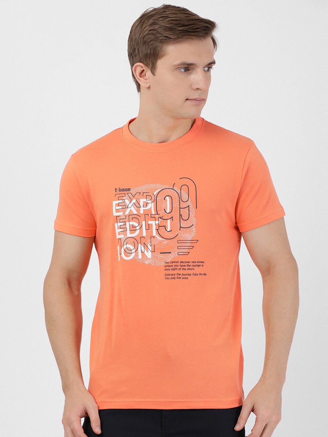 t-base Men Orange Typography Printed Applique Slim Fit T-shirt