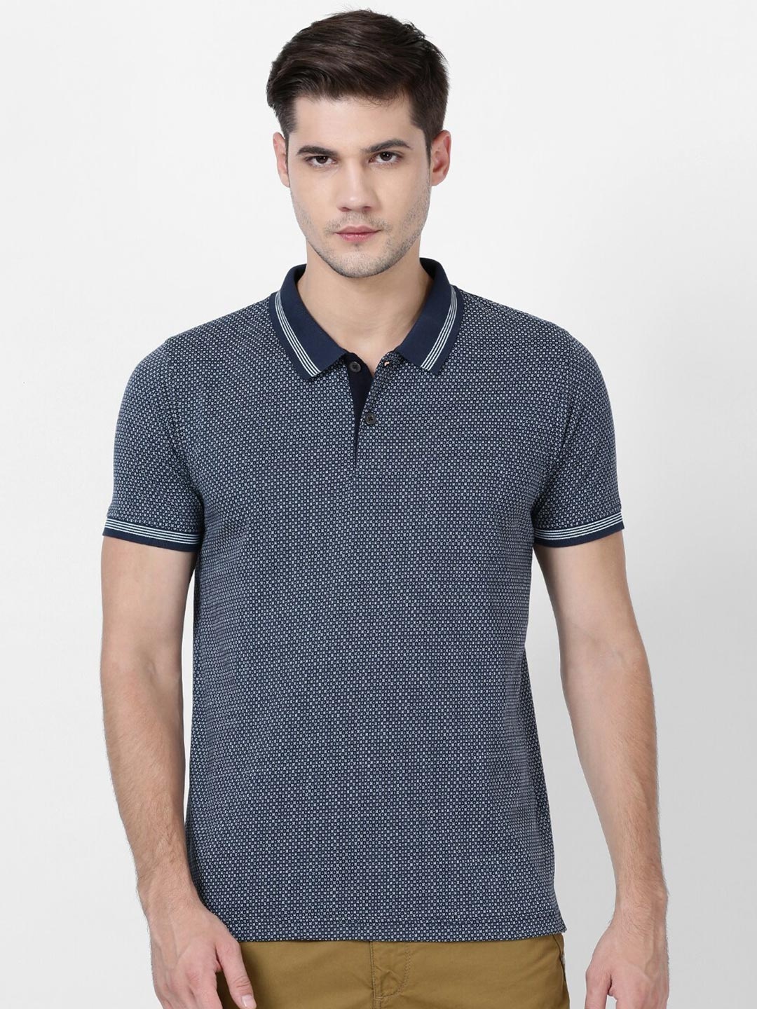 

t-base Men Blue Printed Polo Collar Pockets T-shirt