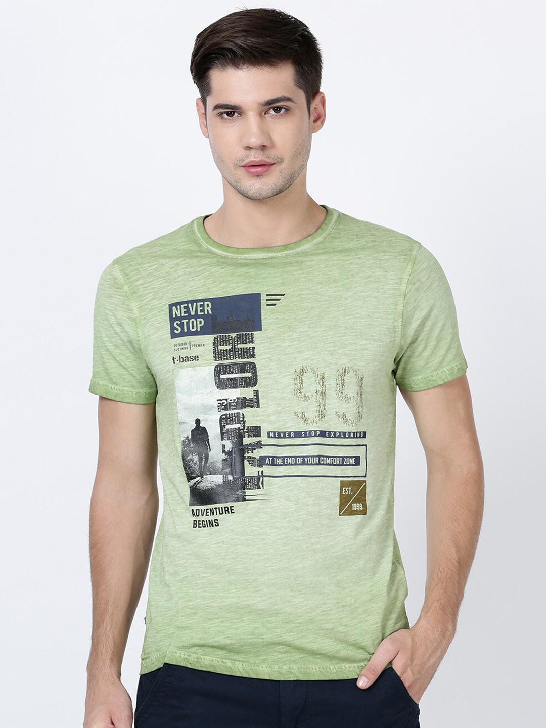 

t-base Men Green Typography Printed Cotton T-shirt