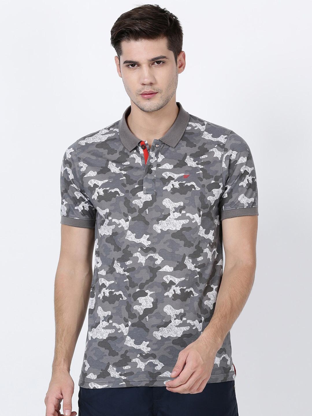 

t-base Men Grey & White Camouflage Printed Polo Collar Pockets T-shirt