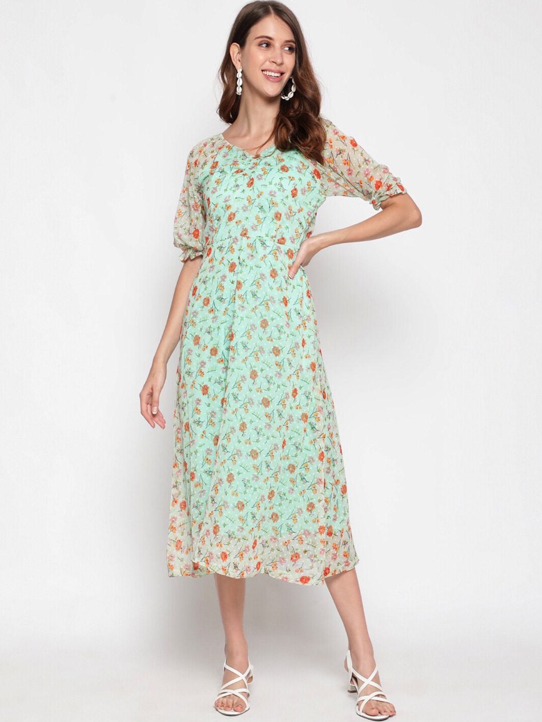 

AKIMIA Green Floral Georgette Midi Dress