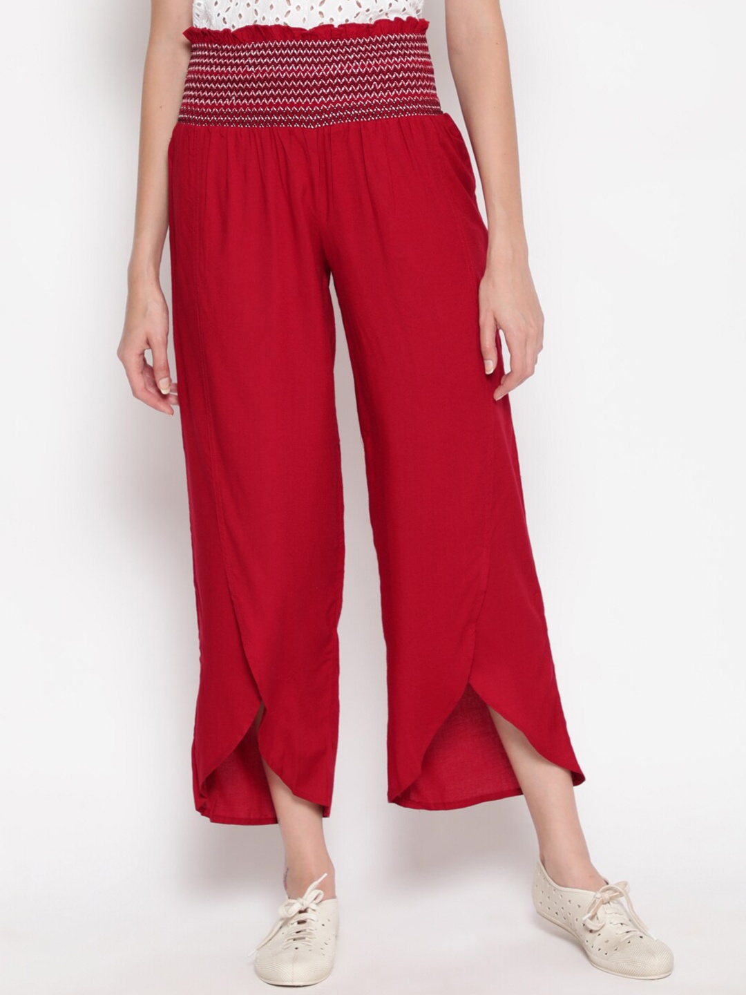 

AKIMIA Women Maroon & White Smoked Tulip Palazzos