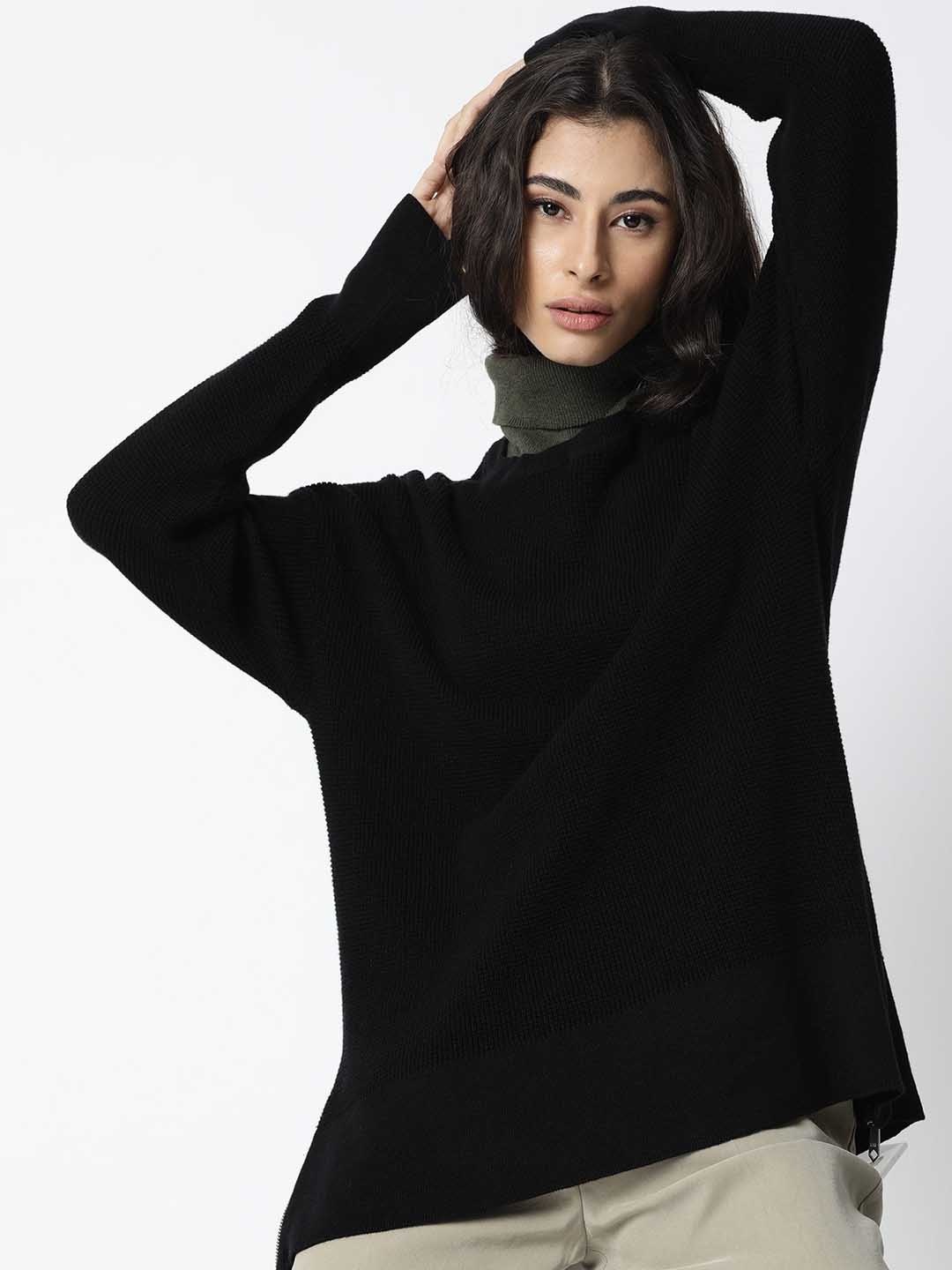 

RAREISM Women Black & Grey Cotton Turtle Neck Pullover